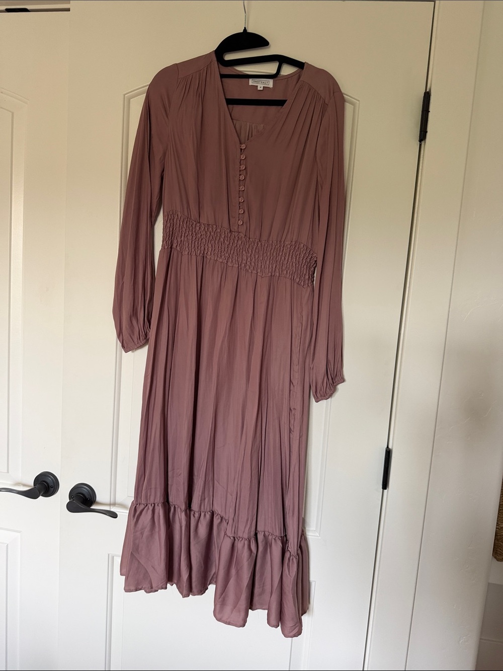 Long Sleeve Smocked Waist Midi Dress in Mauve